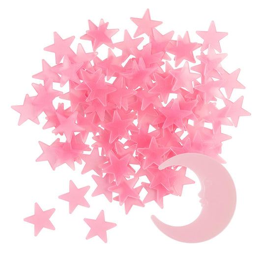 100 Stars and 1 Moon Glow in The Dark Luminous Fluorescent 3D Plastic Glow Stars Moon for Ceiling, Glowing Wall Stickers Create a Realistic Starry Sky, Room Decorations (Pink)