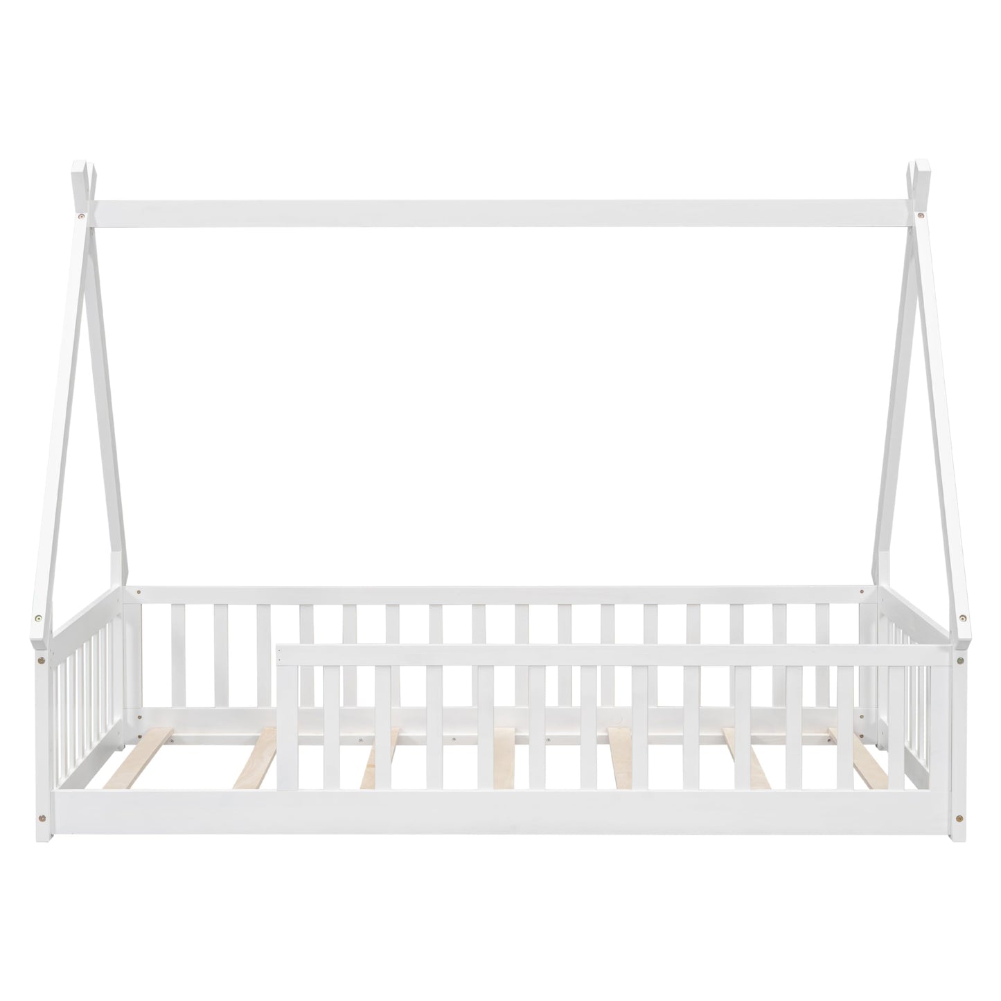 Wekuku Twin Tent Shaped Floor Bed for Kids – Teepee with Guardrails Slats, White Wooden Playhouse Bed for Bedroom, Montessori Inspired Design