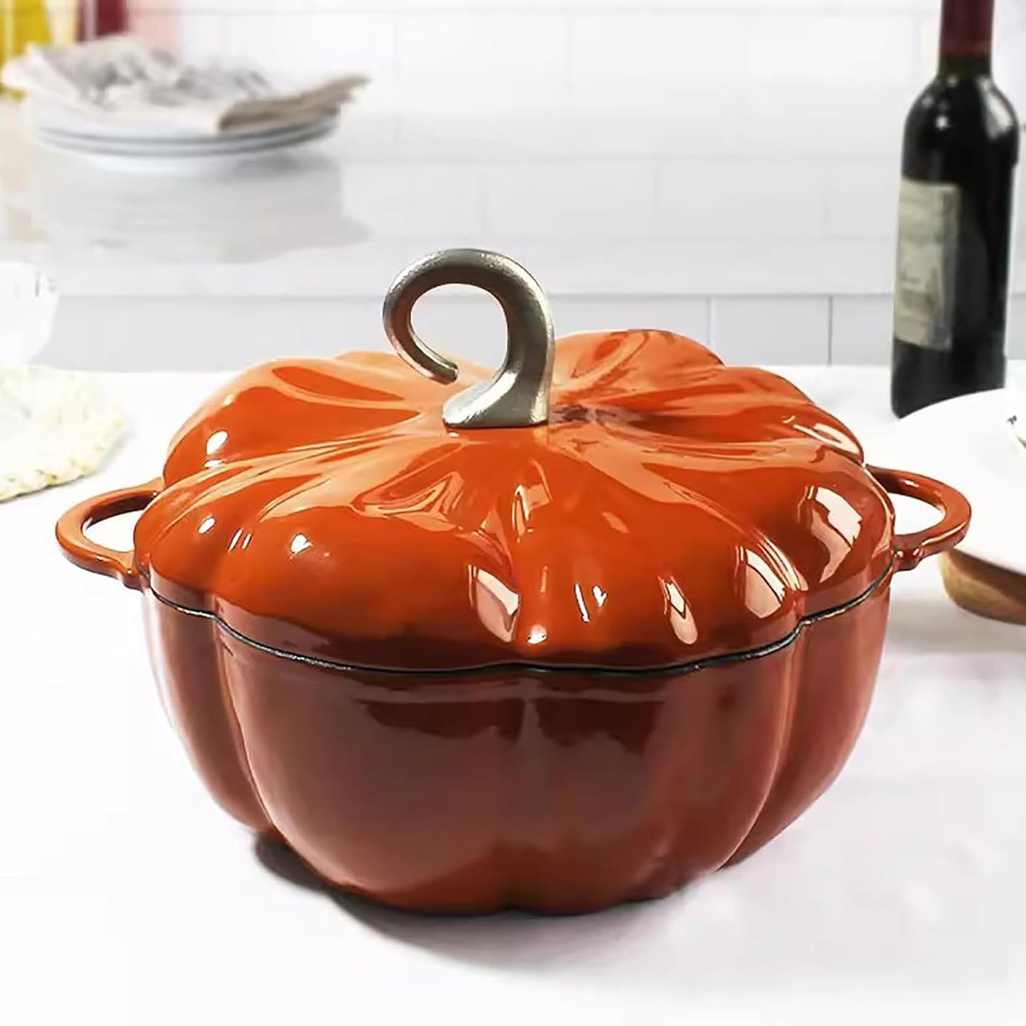 4QT Pumpkin Cocotte, Pumpkin Dutch Oven Pot with Lid, Enamel Cast Iron Cooking Pot, Serves 3-5,Halloween Thanksgiving Decor Boiler (Orange)