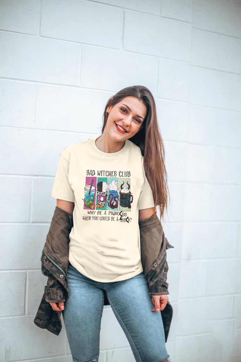 Women Bad Witches Club Shirts Villains Shirt Halloween Witches T-Shirt Evil Queen Casual Short Sleeve Tee Beige