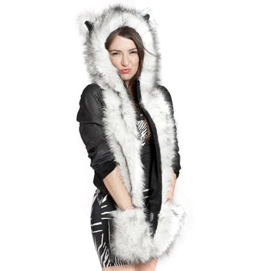 Winter Animal Hat Faux Fur Hooded Scarf Cute Furry Ears Paw Gloves Pocket Hoodie Beanie Cap Party Costume for Women Girls (White)