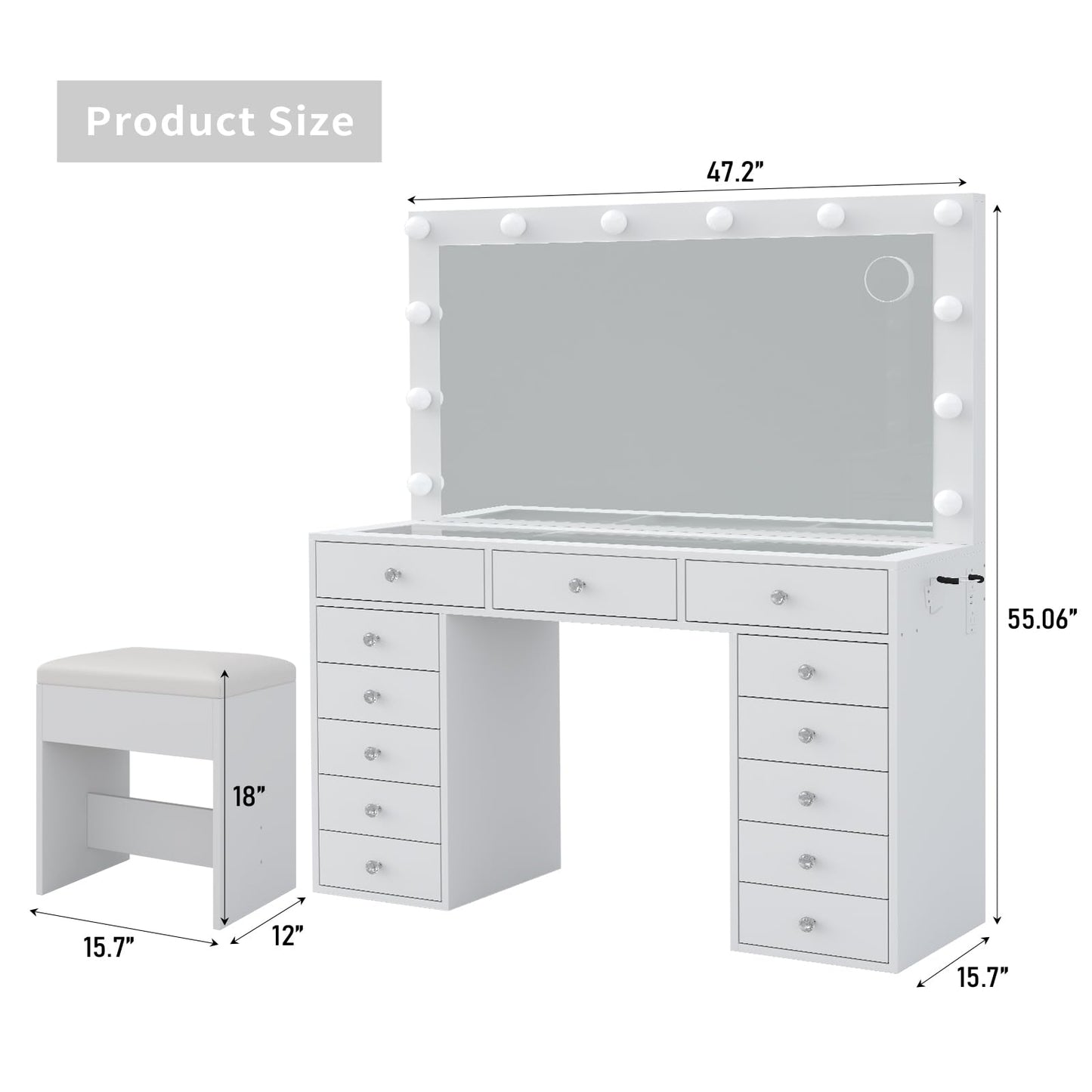 Yanosaku Makeup Vanity with Charging Station, 13 Drawers Vanity Desk with 12 LED Bulbs and HD Mirror, 3 Color Brightness Adjustable, Glass Top, Vanity Set for Bedroom (White)
