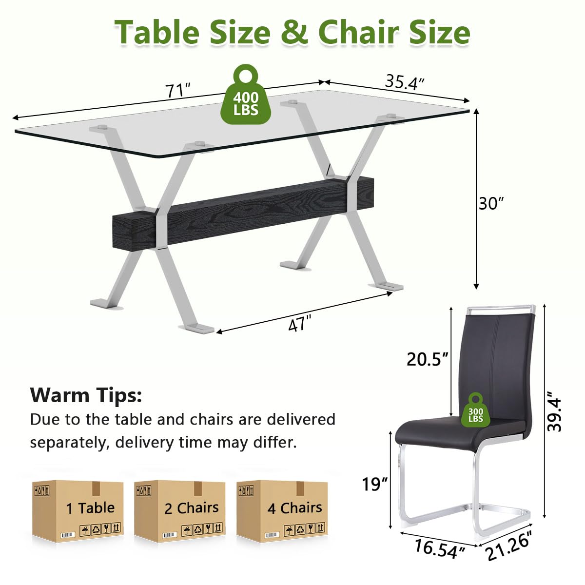 71" Glass Dining Table Set for 6, Modern Dining Table Set for 6, 0.4" Thick Tempered Glass Tabletop with Silver Chrome Metal Legs and Black Crossbar, 6 PU Chairs for Dining Room, Kitchen