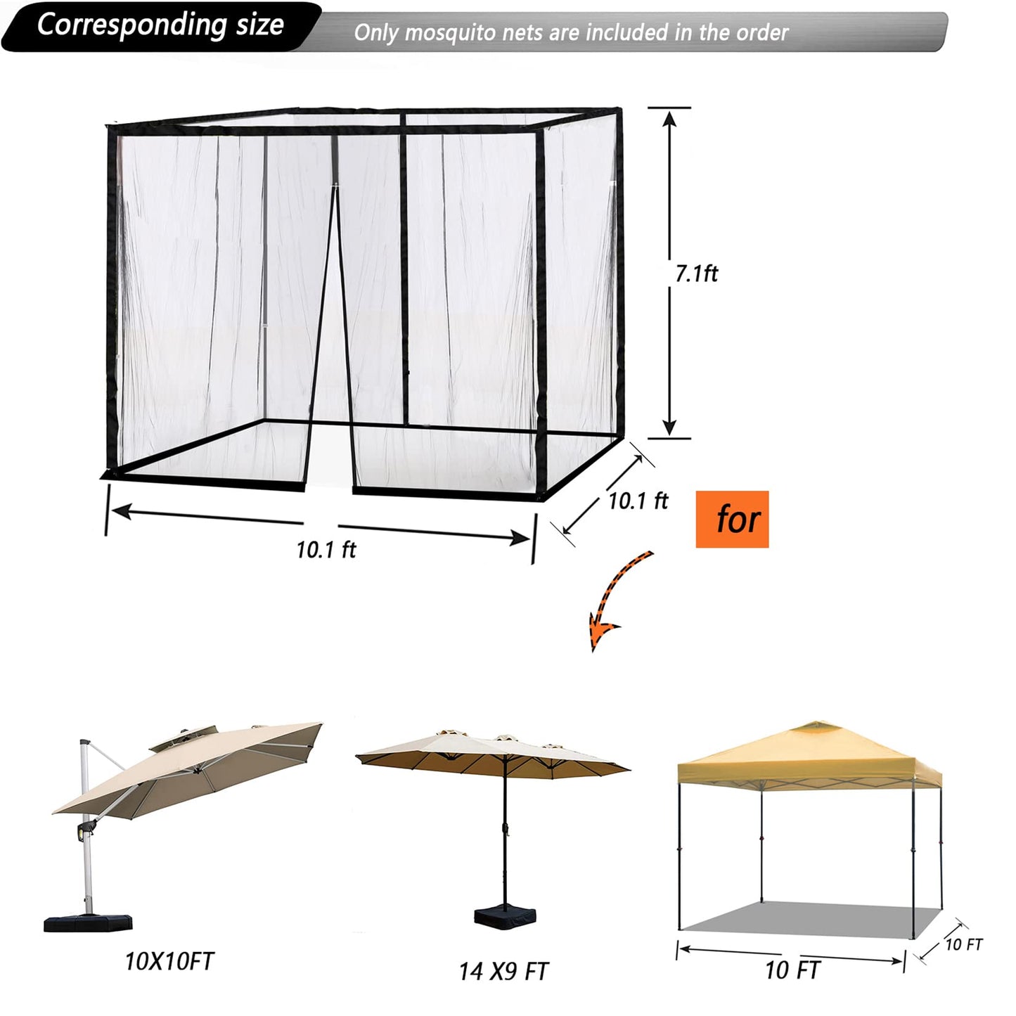 10x10 Mosquito Netting for Patio Camping Gazebo/Pop Up Canopy Tent,Double Door Side Screen Easy Installation Black（Only Mosquito Net No Frame） (Around 10x10FT)