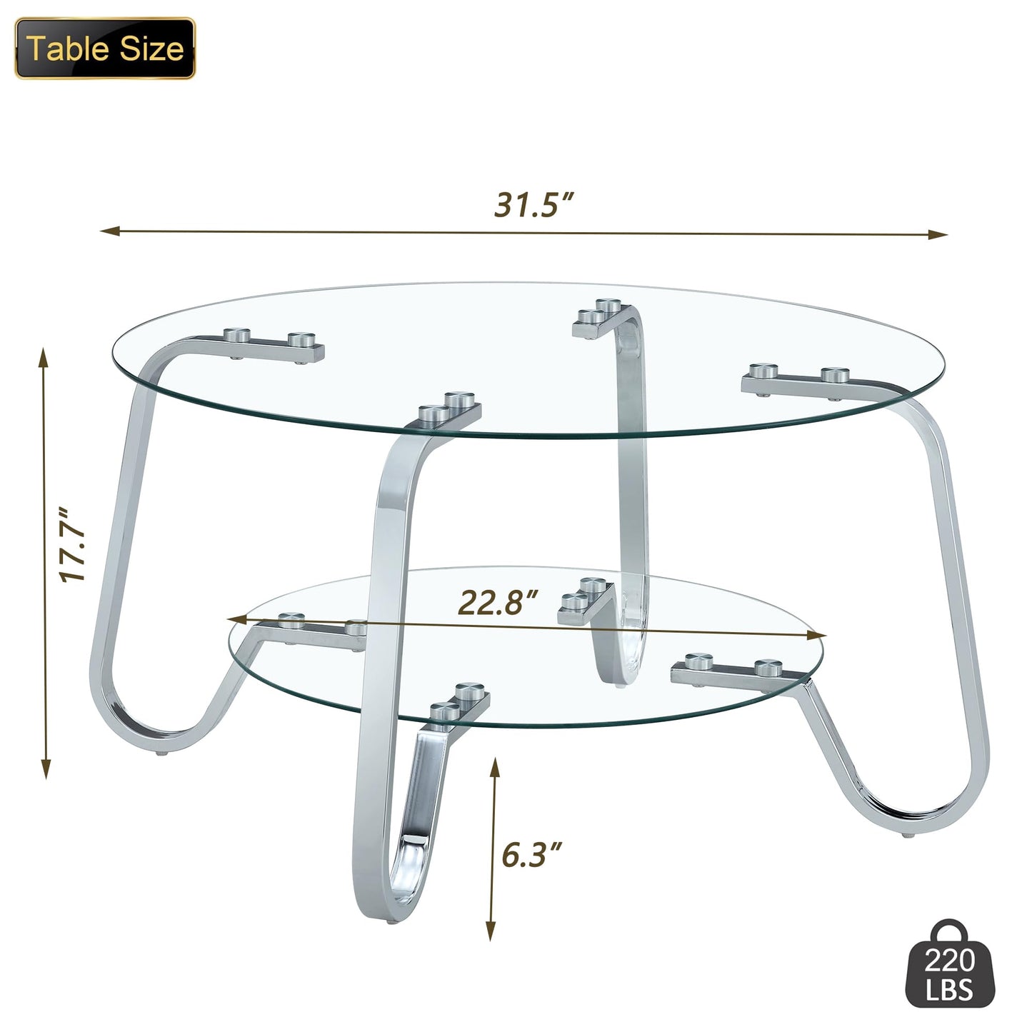 31.5" Silver Round Glass Coffee Table Modern Living Room Table 2-Layer Sofa Center Cocktail Table for Small Space Apartment, Clear Top and Retro Metal Frame (Chrome)