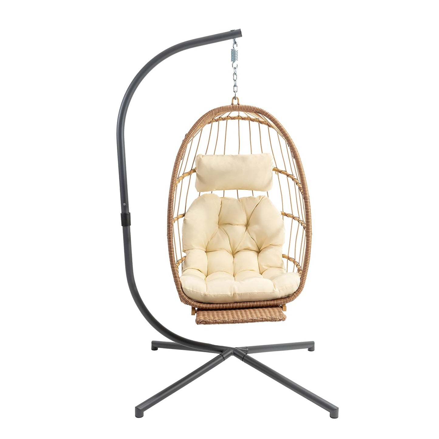 Yechen Hanging Egg Chair with Stand and Footrest for Indoor Outdoor, Foldable Wicker Rattan Patio Egg Swing Chairs Hammock Egg Chair with UV Resistant Cushion for Bedroom Porch, 350 Lbs Capacity