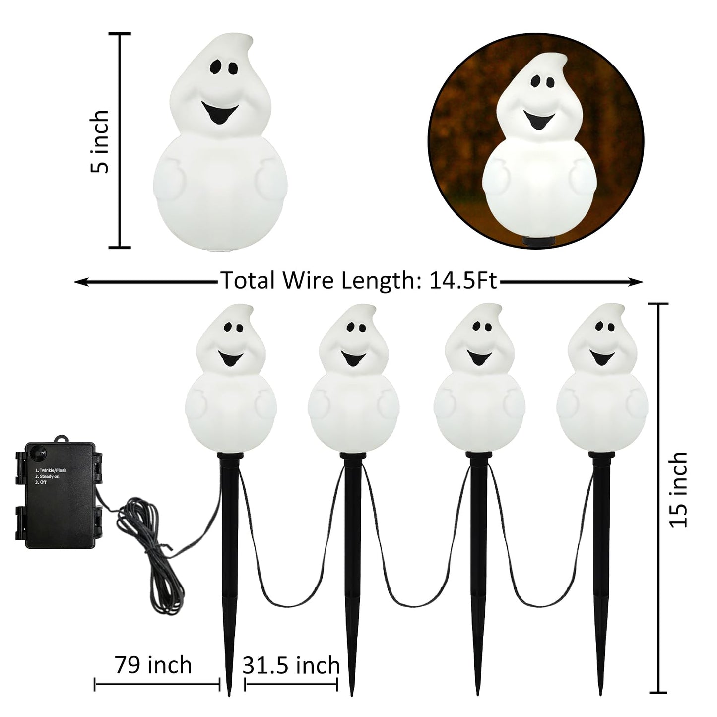 Halloween Ghost Pathway Lights Outdoor, Set of 4 Pre-lit Ghost Pathway Markers Stake Battery Operated Waterproof for Path, Yard, Lawn, Garden, Landscape Halloween Party