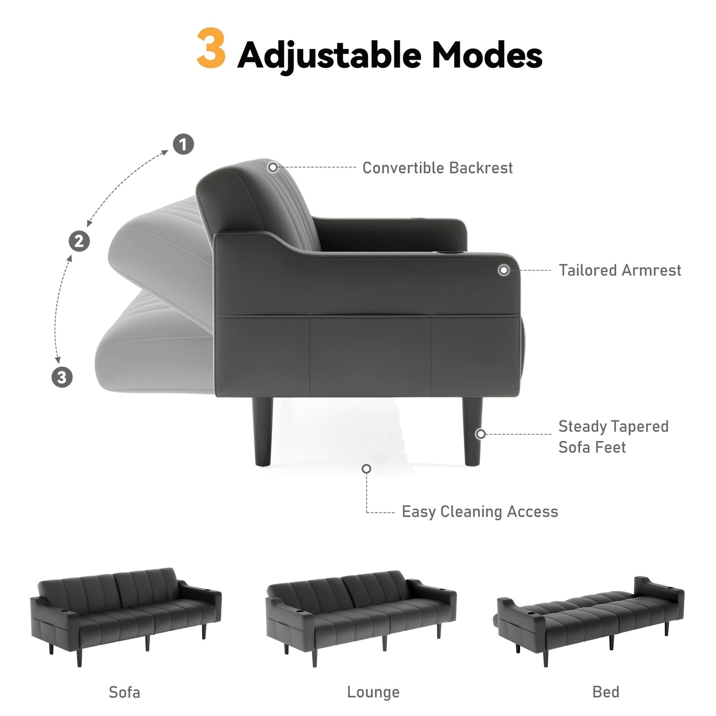 80'' Leather Couch, Futon Sofa Bed, Faux Leather Couch with Adjustable Backrest, 2 Cup Holders & Side Pockets, Mid Century Modern Sofa for Living Room, Bedroom, Black