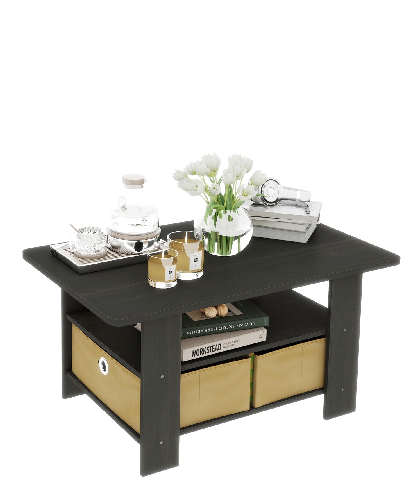 VPSMAT Coffee Table for Living Room, Modern Center Tables with Storage Bin, 2-Tier Coffee Table for Living Room Apartment Home Office Dark/Light Brown.