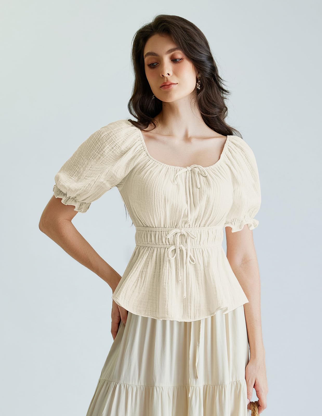 Women Peasant Blouse Renaissance Pirate Short Sleeve Shirt Tops Apricot M