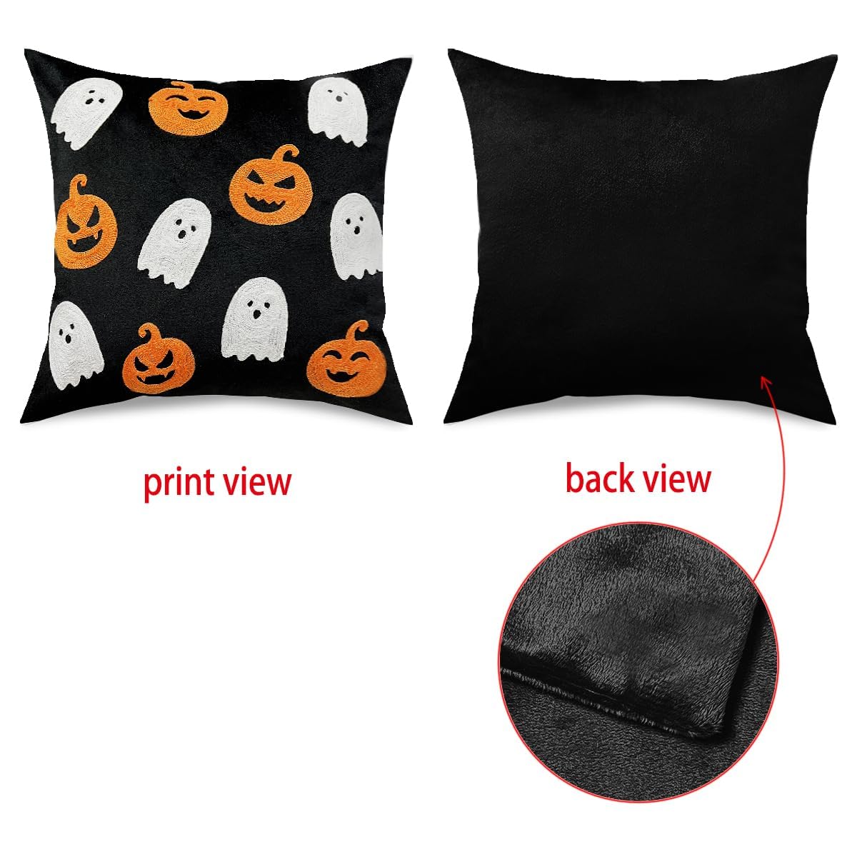 WOKANI Halloween Throw Pillow Covers 18x18 Set of 2 Ghost Pumpkin Decorative Embroidery Velvet Cushion Cases Decor Home Decorations for Couch Patio Furniture Bedroom Livingroom Sofa Porch, Black