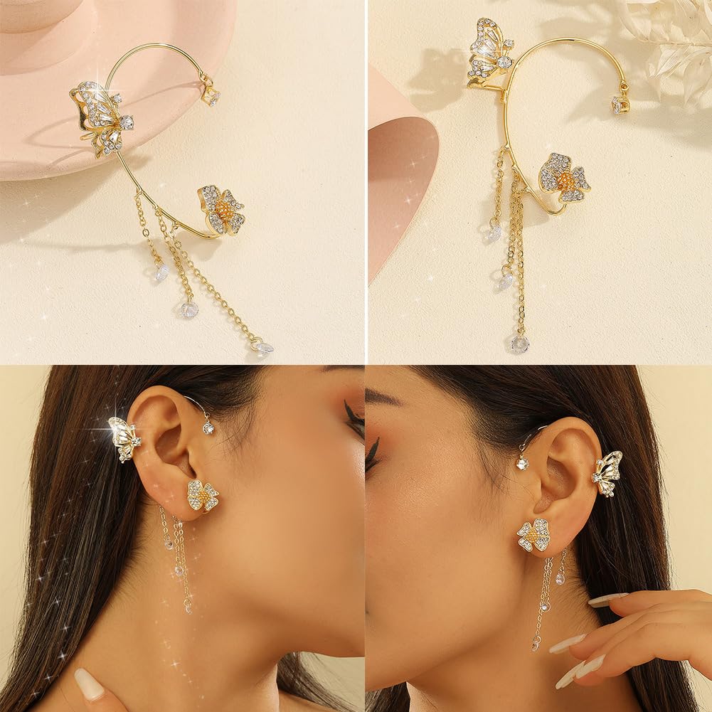 2PCS Butterfly Ear Cuffs Earrings Zircon Earrings Butterfly Ear Wrap No Piercing Eae Cuff Clip On Earrings For Women Jewelry (BB1600-GD)