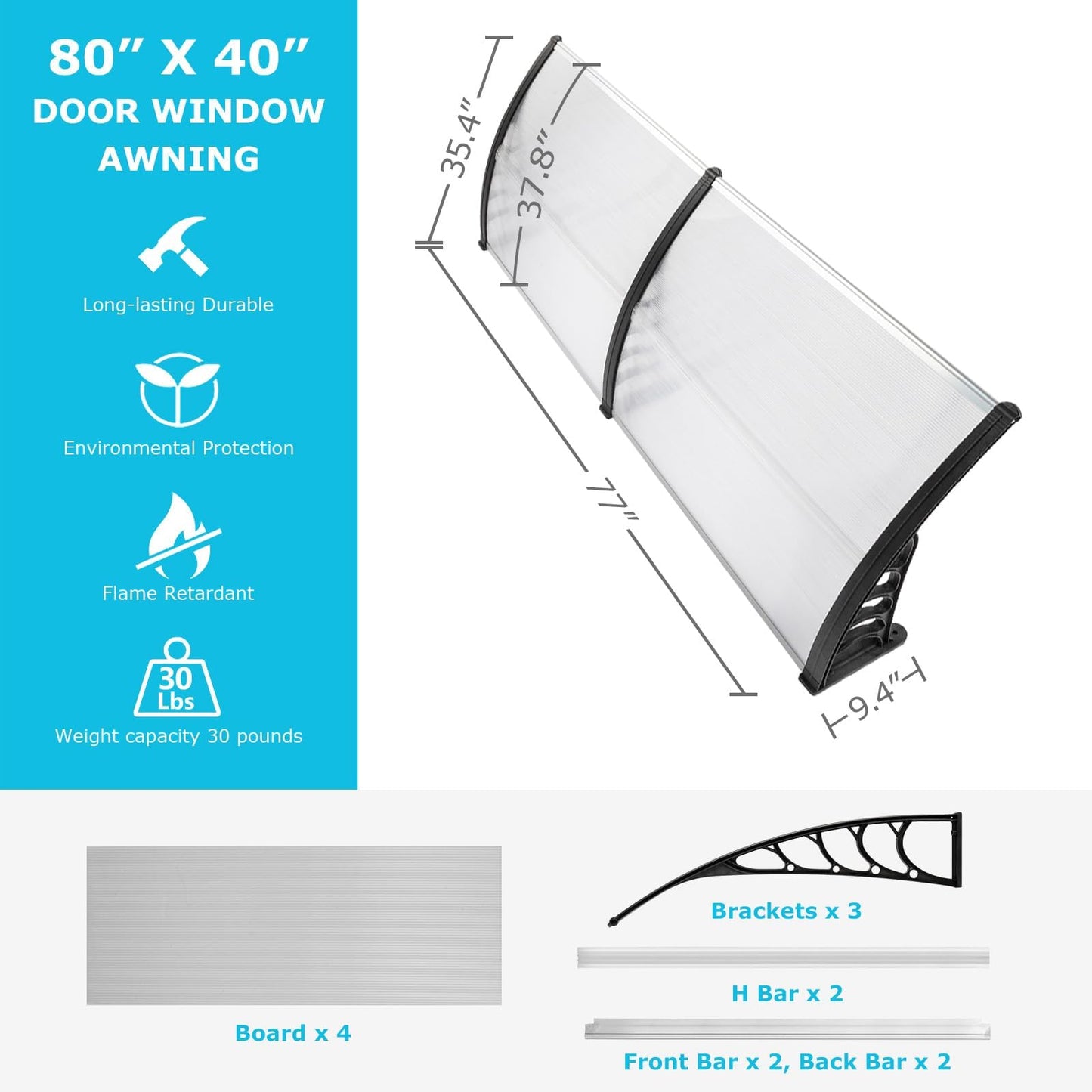 80" x 40" Window Awnings Door Canopy, Polycarbonate Cover Front Door Outdoor Window Awning Exterior, Entry Door Awning for Sun Shutter, UV, Rain and Snow Protection, Hollow Sheet(Clear Board)