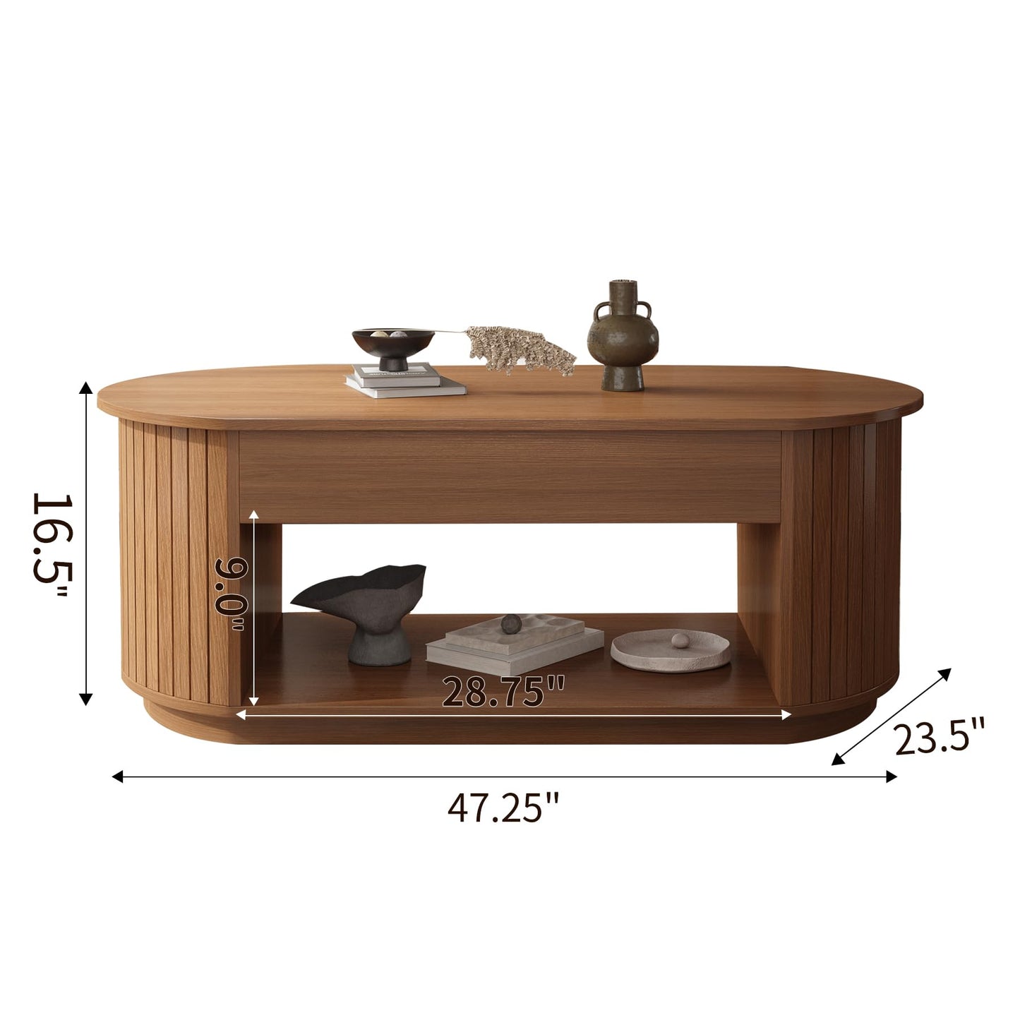 47-Inch Lift Top Wood Coffee Table with Hidden Storage Compartment and Open Shelf for Living Room, Fluted Oval Center Tea Table with Wooden Lift-Top for Apartment, Small Space, Light Brown Oak