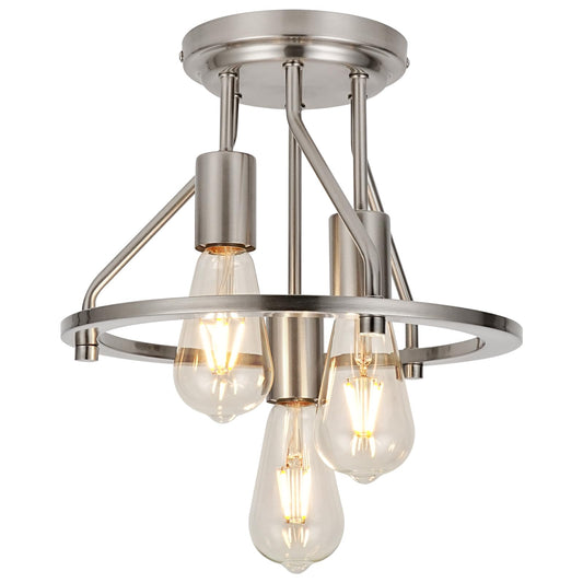 WILON Brushed Nickel Semi Flush Mount Ceiling Light - 3-Light Ceiling Light Fixtures Farmhouse Kitchen Light Industrial Hallway Light Fixtures E26 Socket Ceiling Lamp for Hallway Kitchen Foyer