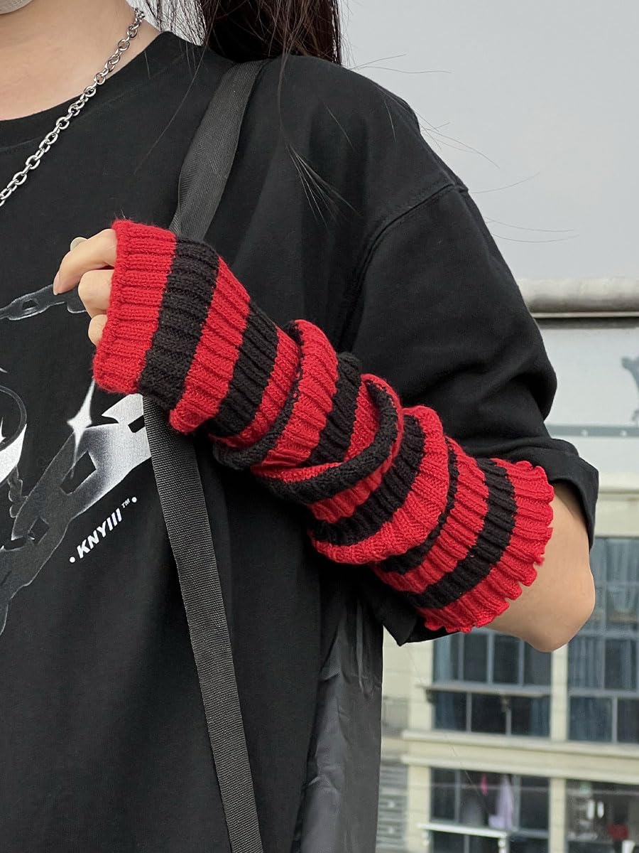 Y2k Striped Arm Warmers Long Fingerless Knitted Gloves Punk Gothic Alt Emo Scene Cool Winter Arm Sleeves Grunge Accessories (Gray,One Size)