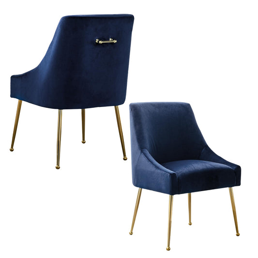 XINHE Dining Chairs Set of 2, Modern Velvet Fabric Upholstered Kitchen Chair with Metal Handle, Thick Cushion (Blue)