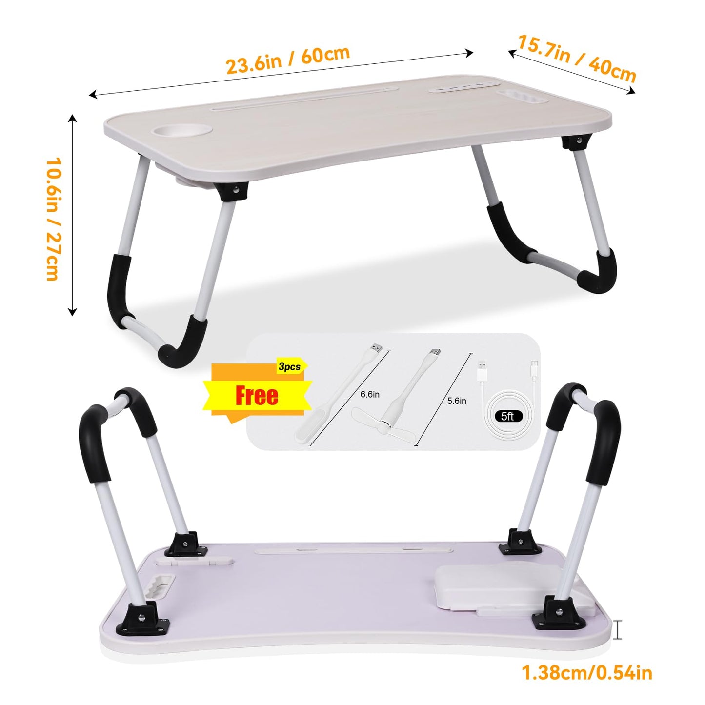 23.6 inch Portable Bed Desk, Folding Lap Desk with 4 USB Ports, Wind Fan, LED Light, Cup Holder and Side Drawer for Working, Reading, Writing, Eating on Bed, Sofa, Floor (Pink)