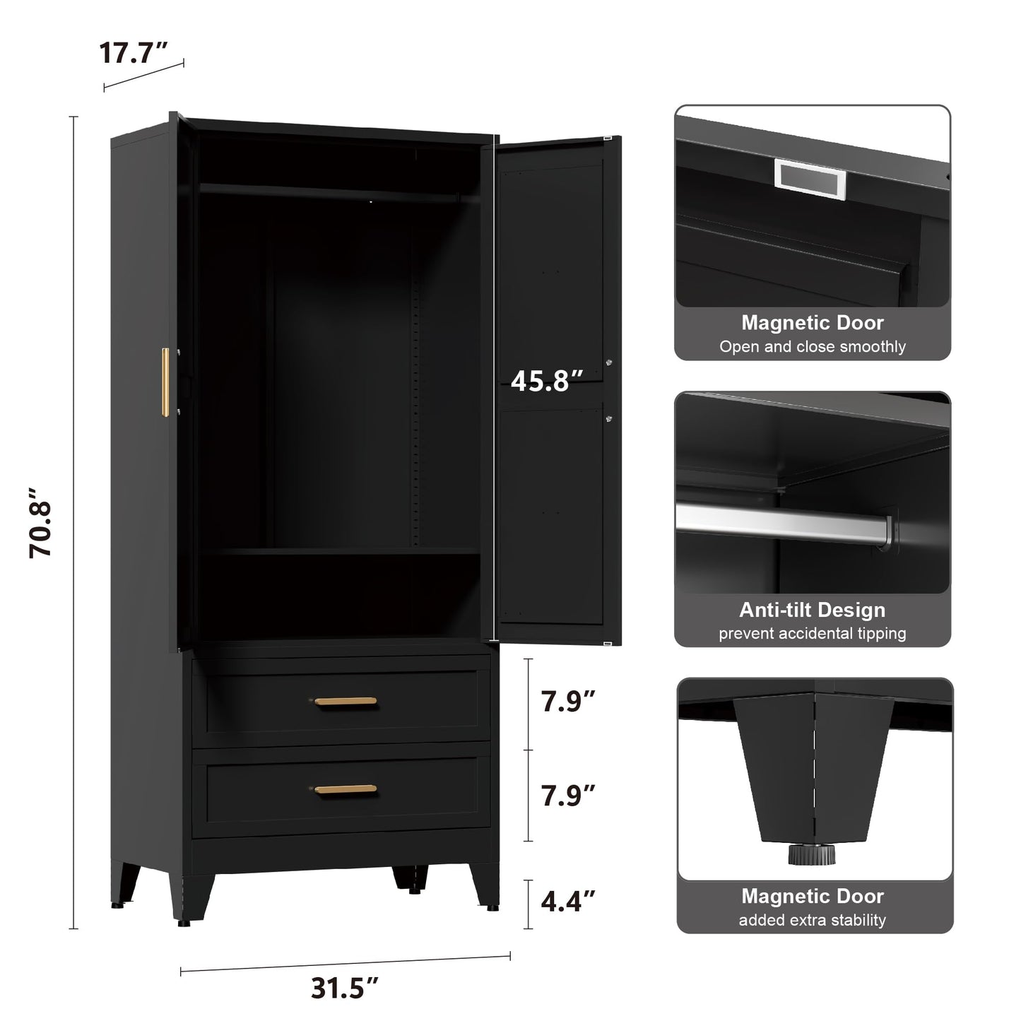 Washsemba 71'' Farmhouse Metal Wardrobe Cabinet with Hanging Rod, 2 Barn Door Wardrobe Closet with Adjustable Shelves,2 Drawer,for Dining Room,Bedroom,Living Room, Cloak Room,Office (Black)