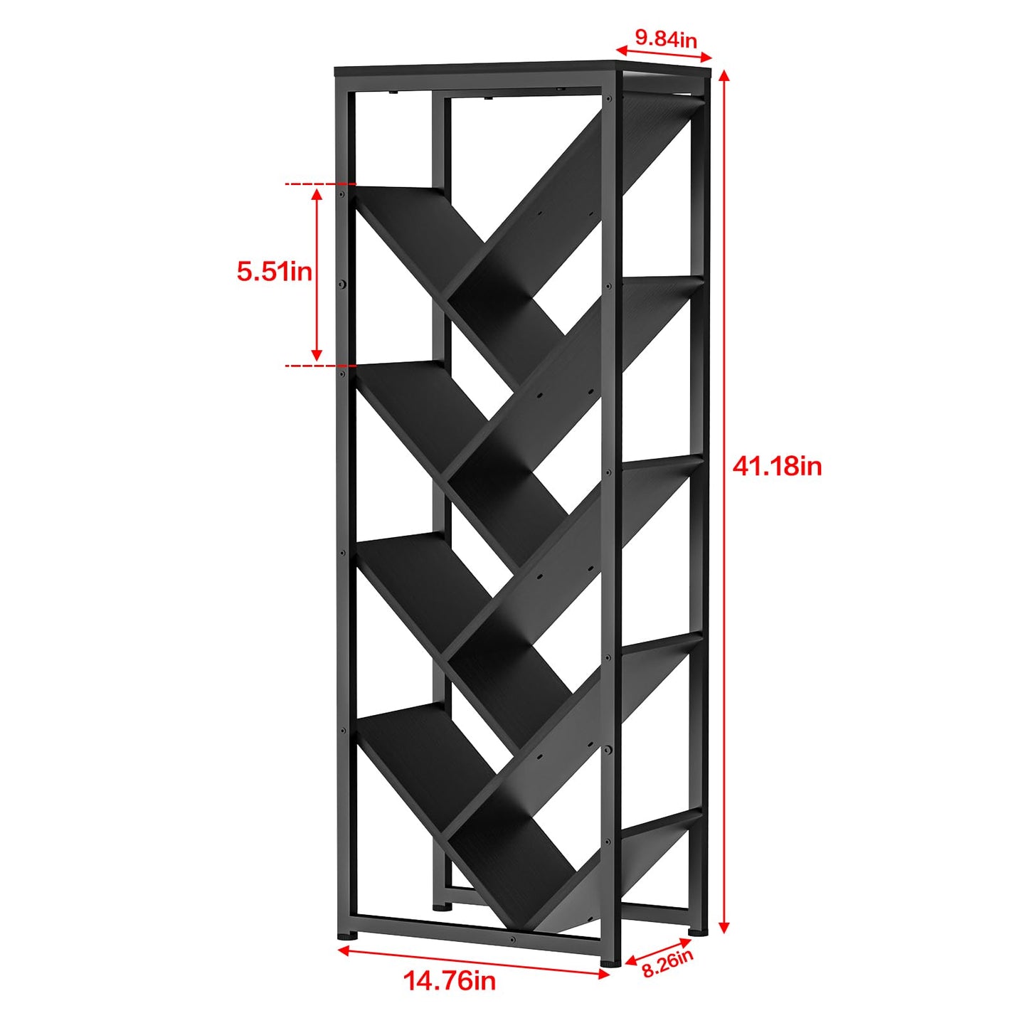 9 Tier Tree Bookshelf - Black Book Shelf Floor Standing Modern Bookcase for Hardcover Books, Small Bookshelf for Small Spaces Bookshelves Wooden Book Storage Organizer Shelves for Bedroom Living Room