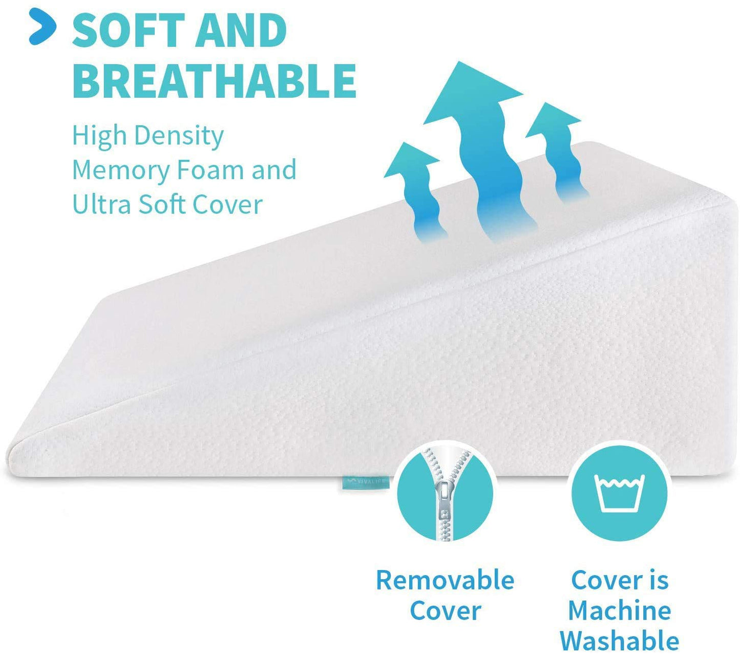 Vivalife Bed Wedge Pillow Gel Memory Foam Top - Cooling Elevated Support Cushion for Lower Back Pain, Acid Reflux, Heartburn, Allergies, Snoring - Ultra Soft Breathable Cover (10 Inch Wedge)