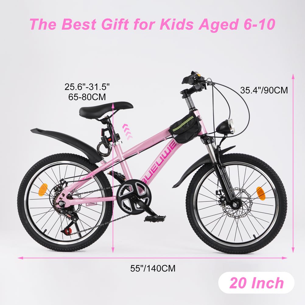 20 24 Inch Kids Mountain Bike, Children Bicycles for Boys and Girls Ages 6-12, 7 Speed Teenager Bikes with Disc Brakes, Adjustable Handlebars and Seat, Kickstand,Pink,20 Inch