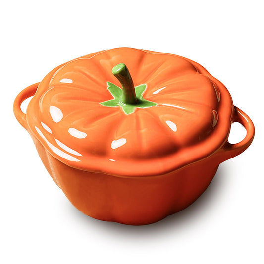 0.4-qt Pumpkin Ceramic Bowl, 6.5 x 4 Inch Small Baking Dish with Lid Oven & Stove Safe Up to 536°F, Serving Pumpkin Pot Dishes Pan for Cooking Storing Decorating, Halloween Dinner Table Kitchen Decor