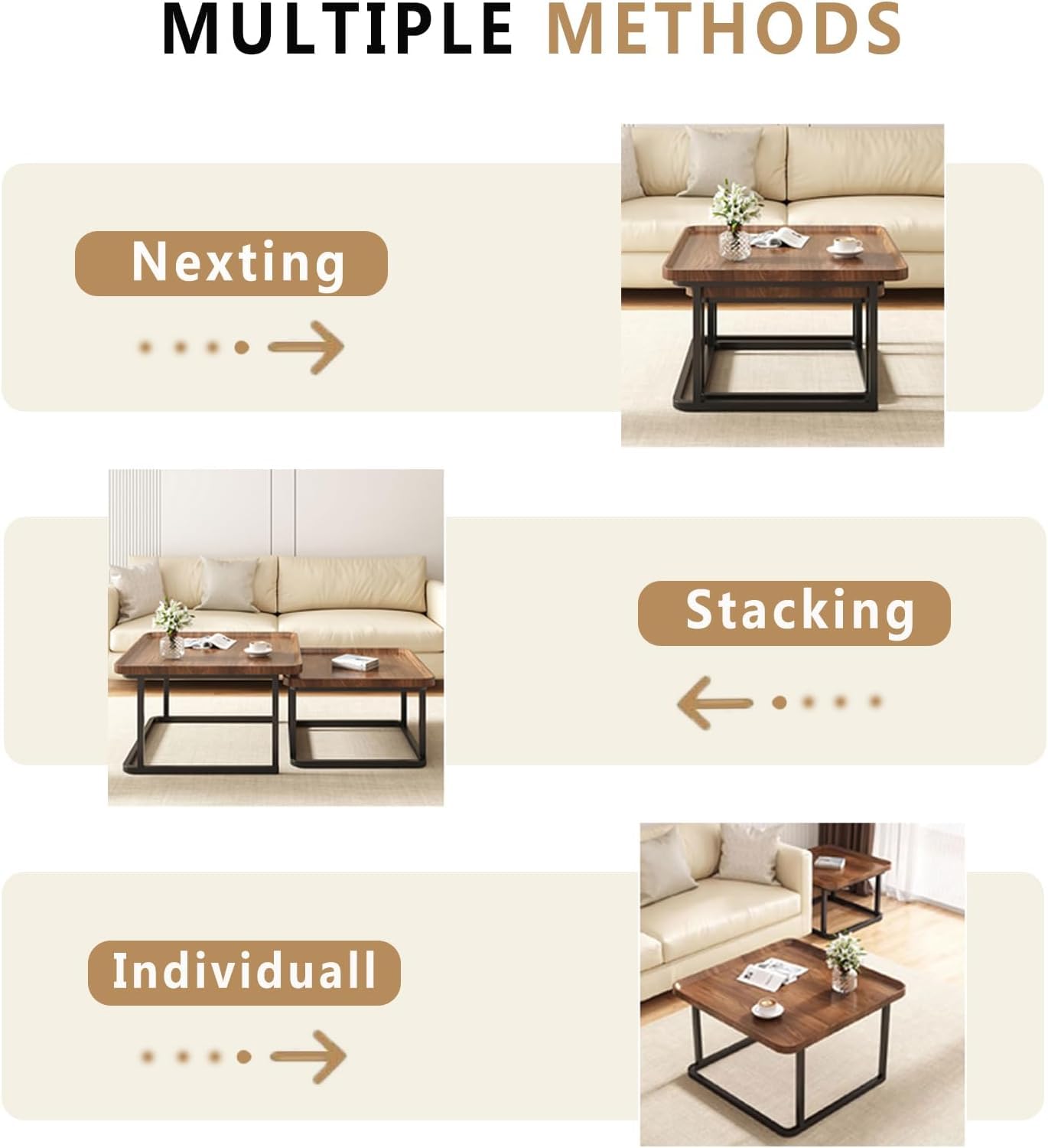 Windpost Square Nesting Coffee Table Set of 2, 23.6"+19.7" Nesting Tables,Small Square Coffee Table with Fluted,Center Table for Living Room Bedroom Office Balcony Yard (Walnut)