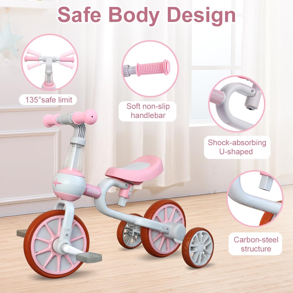 XIAPIA 3 in 1 Toddler Bike for 2-4 Year Old Girl, Kids Tricycle with Adjustable Seat, Detachable Pedal and Training Wheels, Baby Balance Bike Trikes Riding Toys, Kids Chirstmas Birthday Gifts Pink