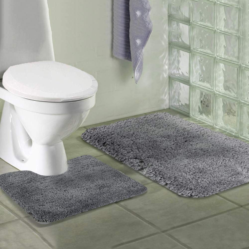 Walensee Shaggy 2 Piece Bath Rug Sets (Grey) 20 x 24 Non Slip, U Shape Contour Rug & 20 x 32, Machine Wash/Dry Plush Absorbent Bath Mats for Bathroom