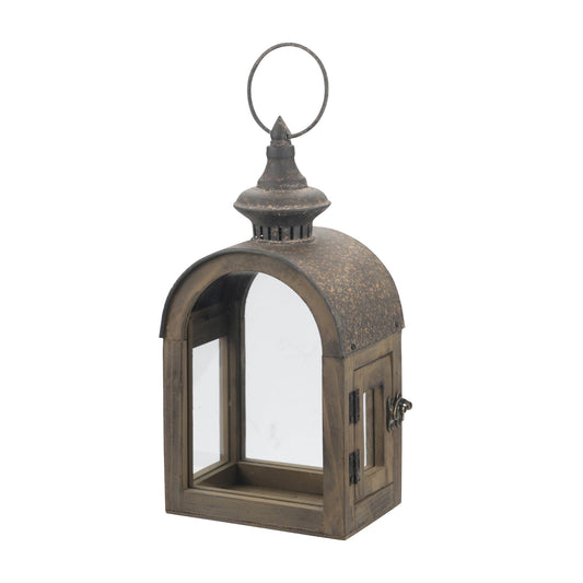 12" High Wooden Dome Lantern Made of Solid Fir Wood and Real Glass in Rustic Brown Finish with Rustic Metal Top, Hurricane Lantern, Farmhouse Lantern (1, Brown, Small)