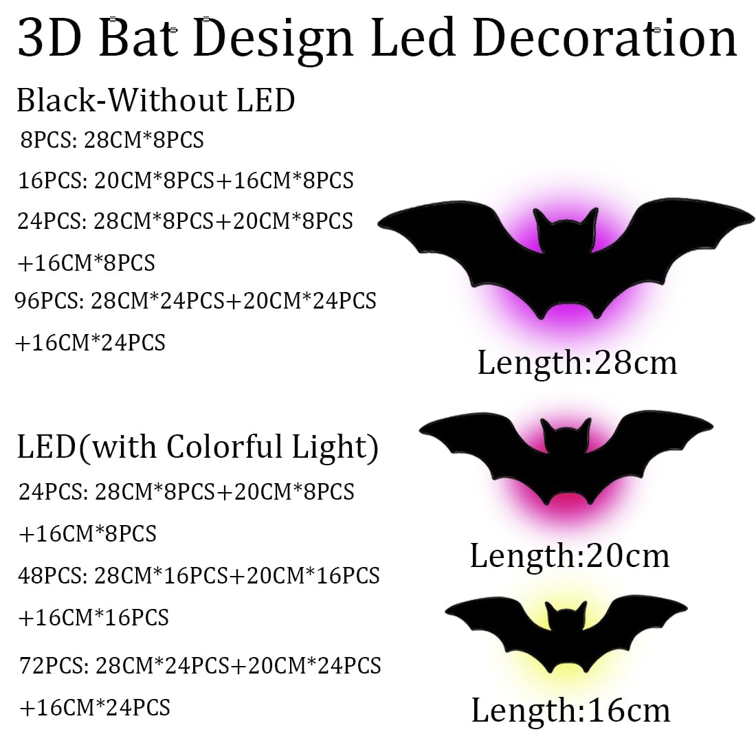 3D Bat Design LED Decoration, LED Halloween 3D Bat Decorative Wall Stickers, Light Up Bats Lighted Stickers Decor Light, Hanging Wall Luminous Glow Clings for Home Bar Halloween Party (LED-24PCS)