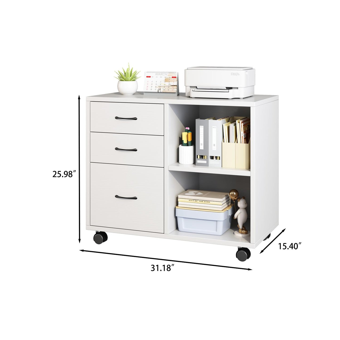3 Drawer office furniture storage cabinet，Office Pedestal Files storage cabinet，Printer Stand with Open Storage Shelves and Rolling Wheels for Office and Home Organization,black and white (White)