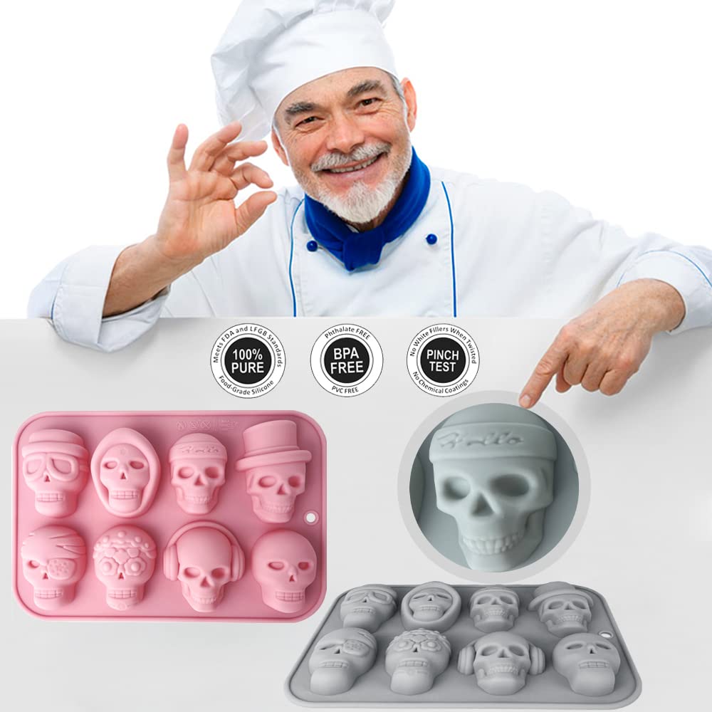 2 Pack 3D Skull Silicone Molds 8 Cavity Skull Themed Baking Mould Tray DIY Baking Tool for Chocolate Cake Dessert Candy Mousse Pastry Handmade Soap Cupcake Topper