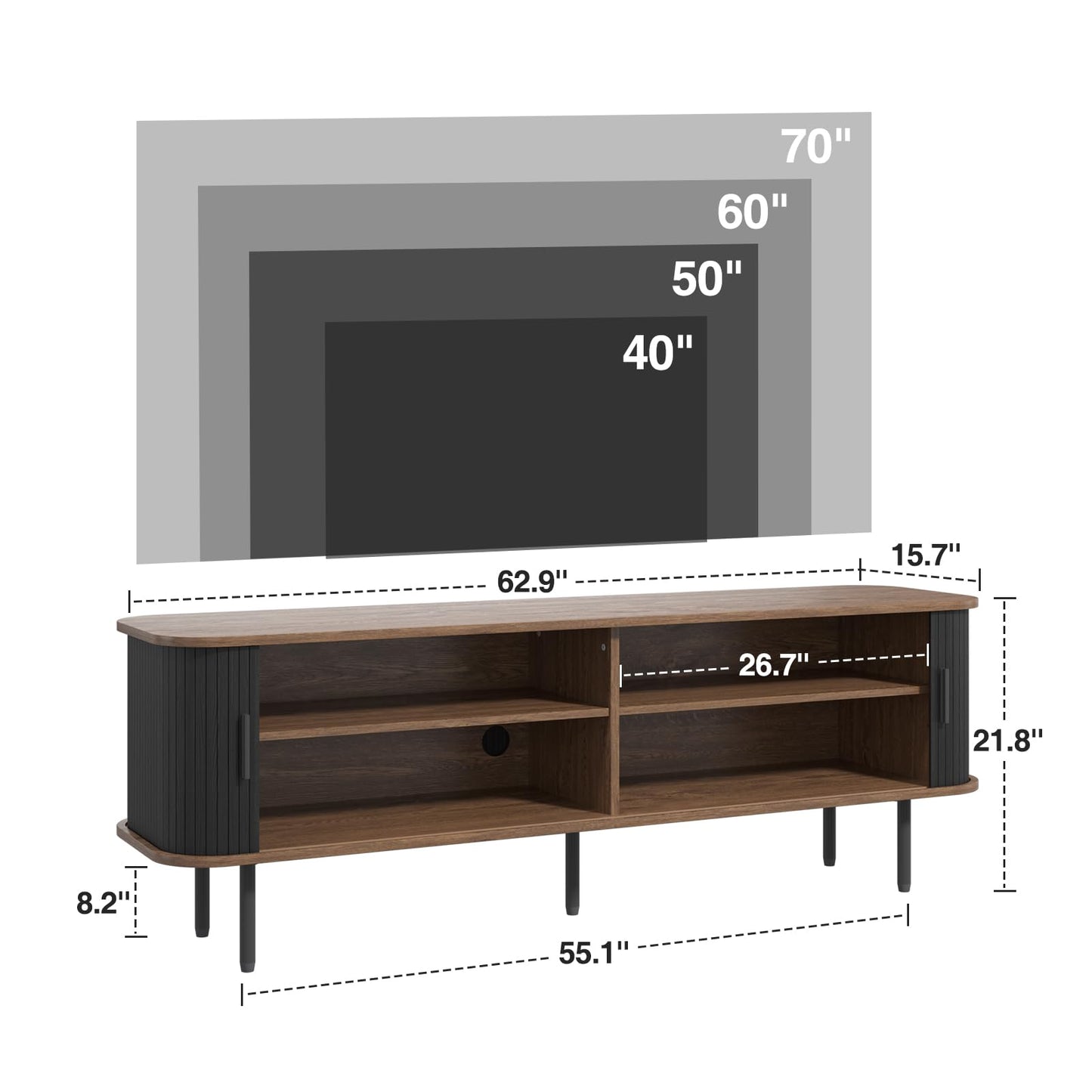 63" Modern Fluted TV Stand for TVs up to 75 Inch , Gaming Entertainment Center with Tambour Slatted Sliding Doors and Storage Cabinet, Media TV Consoles Table for Living Room, Office, Black