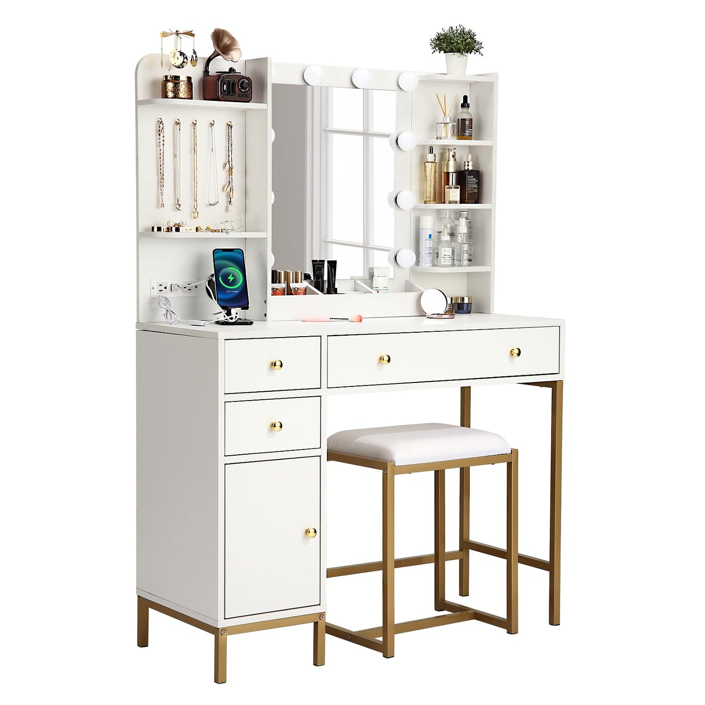 White Vanity Desk Set with Stool Mirror Lights 3 Color Lighting Dressing Table Makeup Station Charging Ports Large Beauty Desk for Bedroom Vanity Area