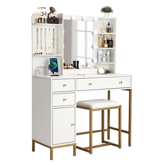 White Vanity Desk Set with Stool Mirror Lights 3 Color Lighting Dressing Table Makeup Station Charging Ports Large Beauty Desk for Bedroom Vanity Area