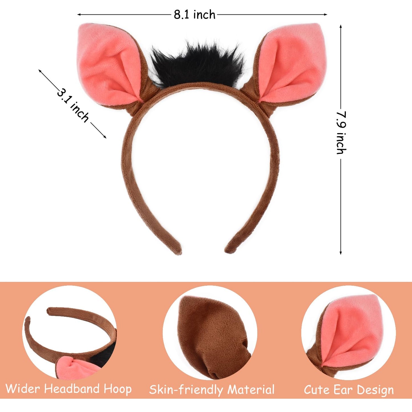4 Pieces Warthog Ears and Tail Set - Wild Boar Headband with Nose Tail Bow Tie Cosplay Party Halloween Costume Accessories for Kids and Adults