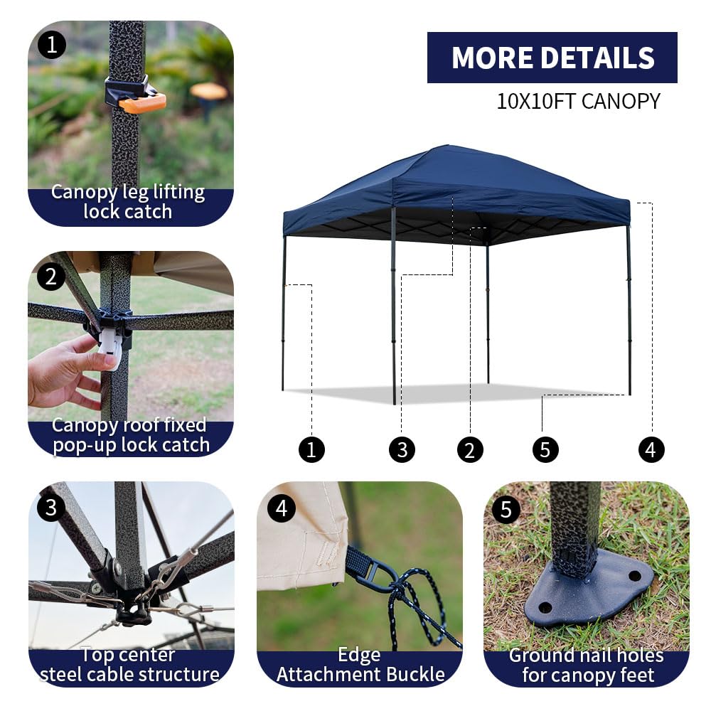 10x10 Pop Up Canopy Tent with 2 Sidewalls, Easy Up Canopy Outdoor Party Sun Shade Tent Portable Gazebo for Beach Camping Events with Carry Bag and 4 Sand Bags (Navy Blue)
