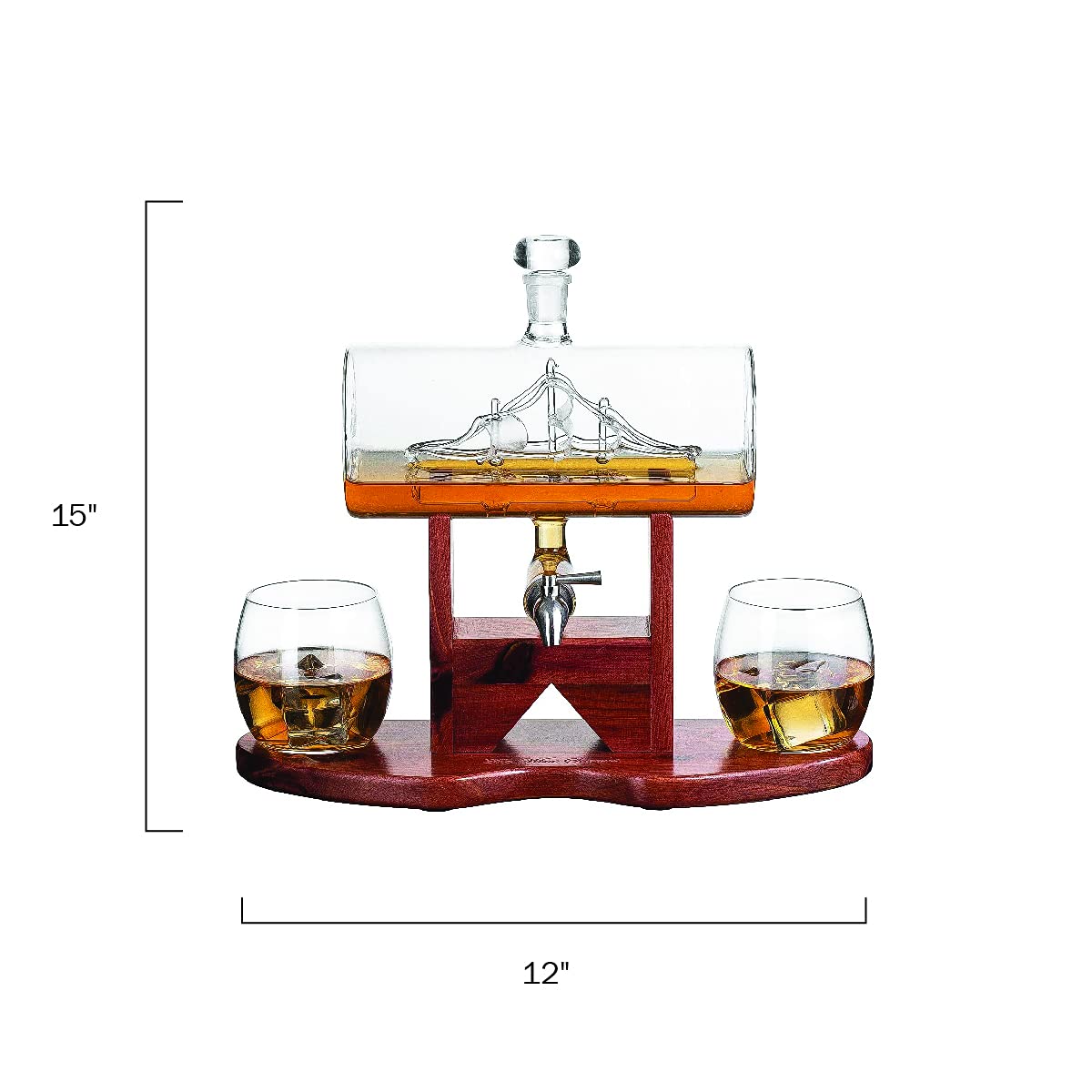 Whiskey Decanter Set, Liquor Dispenser for Home Bar, Crystal Glass - 1250ml Ship & 2 Whiskey Glasses Beautiful Stand, Gift for Dad, Husband or Boyfriend - The Wine Savant 100% Lead-Free