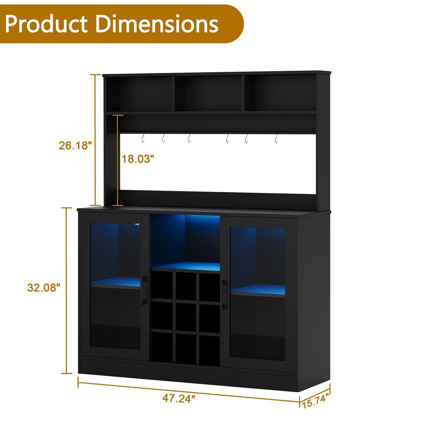 Wine Bar Cabinet with LED Light and Power Outlet, Liquor Cabinet with 9 Wine Racks, 6 Hooks and Adjustable Shelf, Coffee Bar Cabinet Buffet Sideboard for Kitchen and Living Room, Black, 47.2"D x 15.74