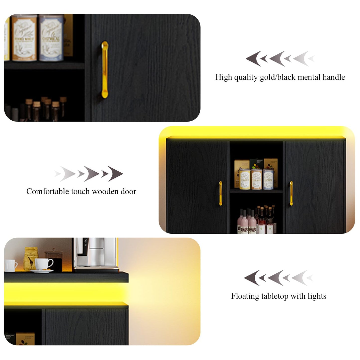 4 EVER WINNER Buffet Cabinet with Storage, Modern Sideboard Cabinets with Led Lights, Floating Coffee Station with Adjustable Shelves, Coffee Bar Cabinet for Kitchen, Dining Room