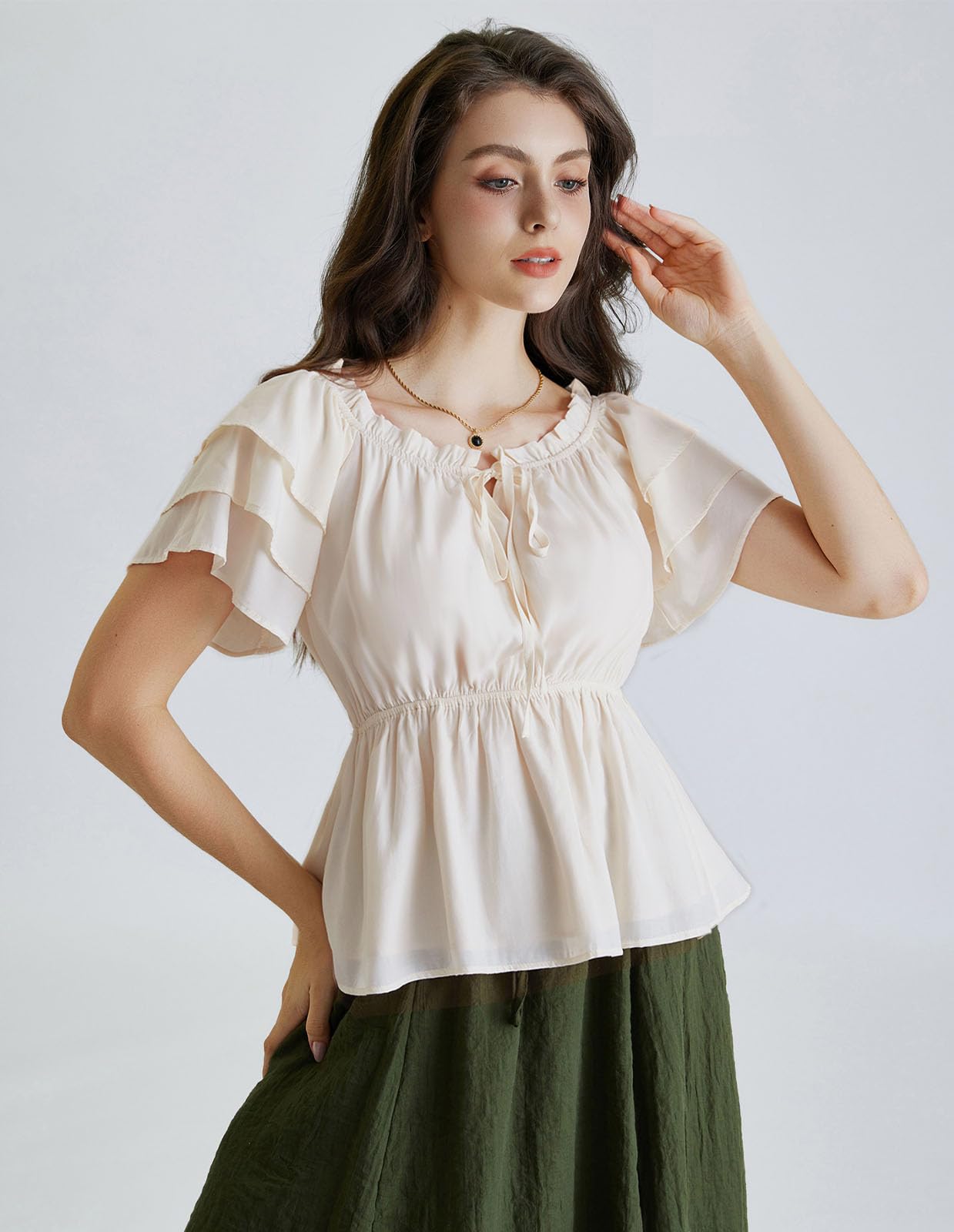 Women Renaissance Pirate Peasant Ruffled Shirt Blouse Holiday Tops Apricot M