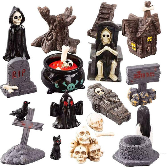 19pcs Halloween Mini Figurines - Creative Miniature Skull Heads, Crow, Tombstone Scene Ornaments Set - Horror Village Collections - Resin Crafts for Party Favors, Tabletop Decor