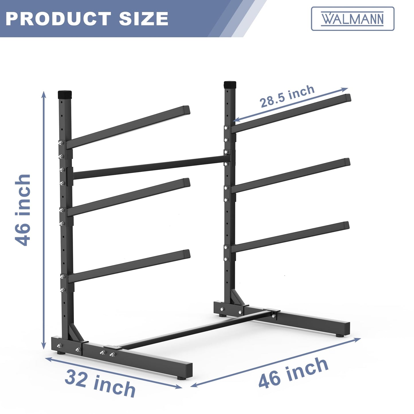 WALMANN Garage Kayak Rack, Heavy-Duty Metal Kayak Storage Rack 3-Tier Adjustable Freestanding Kayak Stand, Holds Up to 480 lbs