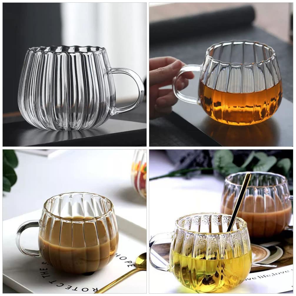 2Pcs Transparent Glass Pumpkin Mugs with Handle, 12oz Heat-Resistant Clear Coffee Tea Milk Cups, Borosilicate Glass Drinking Cups for Home, Office, Microwave Safe