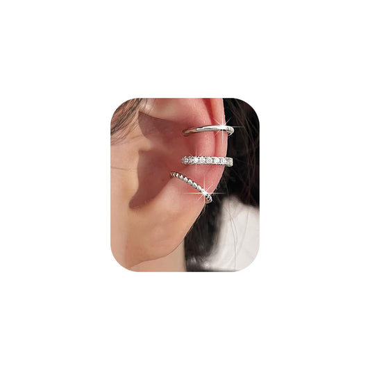 3PCS Ear Cuff Silver Cuffs Earrings for Women Teen Trendy Non Piercing Hypoallergenic Cubic Zirconia Earrings Set Jewelry Gifts - Silver