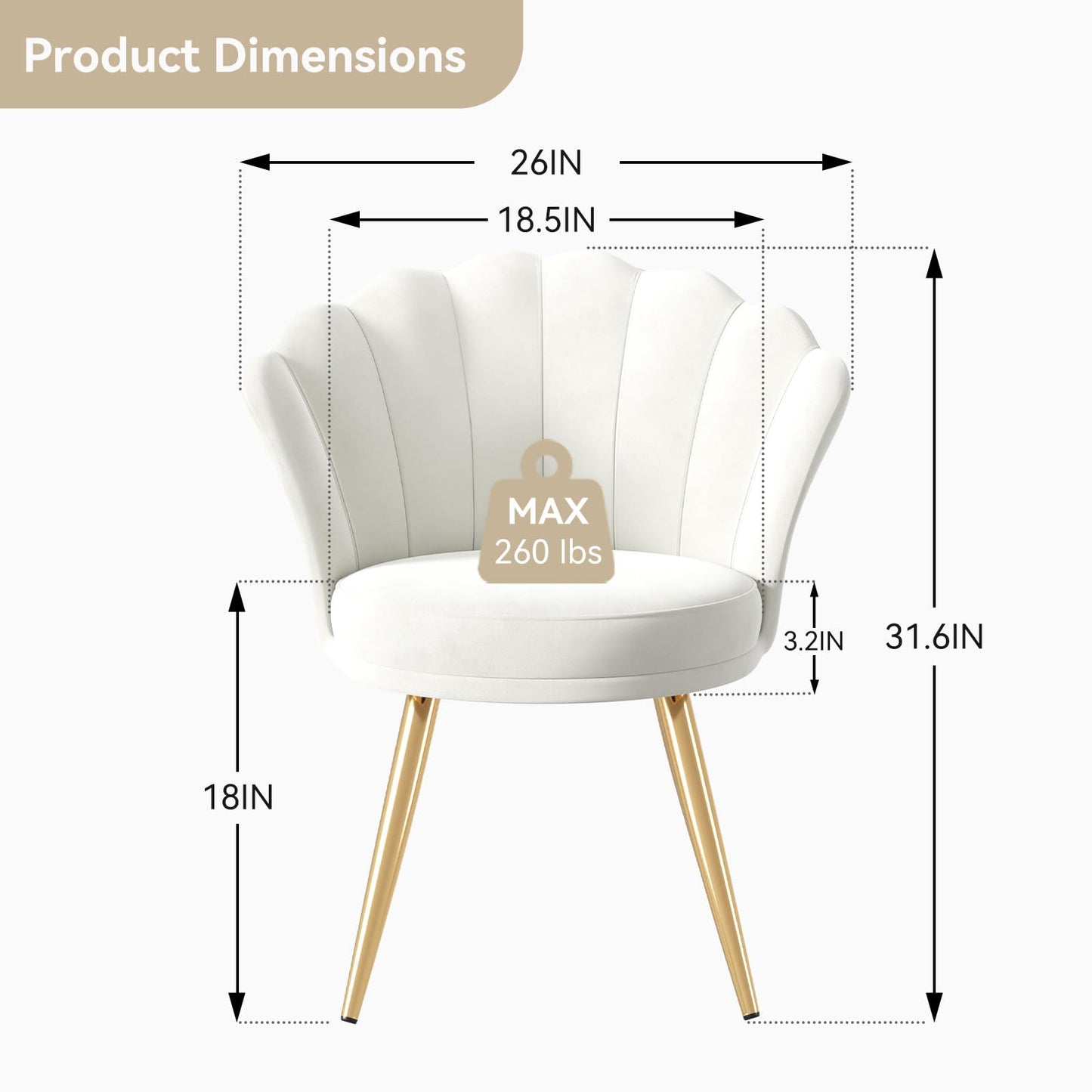 Aivermeil Velvet Accent Chair with Gold Metal Legs, Vanity Chair for Makeup Room, Upholstered Guest Chair for Living Room, for Bedroom, White