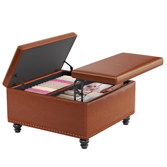 XAWXAW 31.5” Storage Ottoman Square, Faux Leather Ottoman with Storage, Lift Top with High Density Sponge, Vintage Stitching, Rivet Deco, Solid Wood Legs, for Living Room, Apartment, Office, Brown