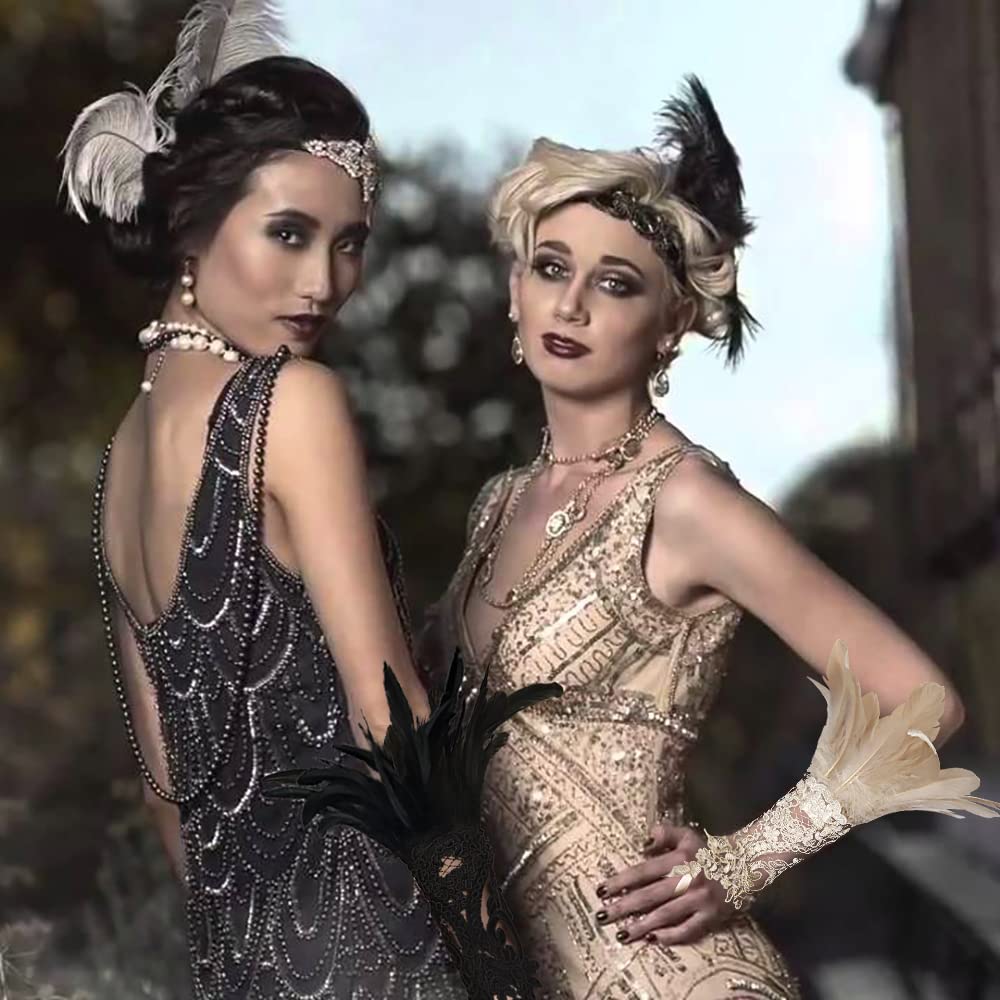 Women's Khaki Feather Lace Long Gloves Witch Spider Web for Halloween Pack of 2
